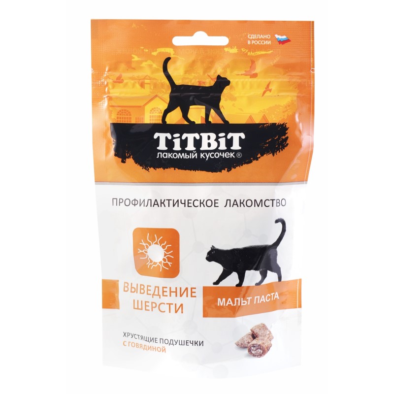 TITBIT 60 г хрустящие подушечки для кошек с говядиной для выведения шерсти